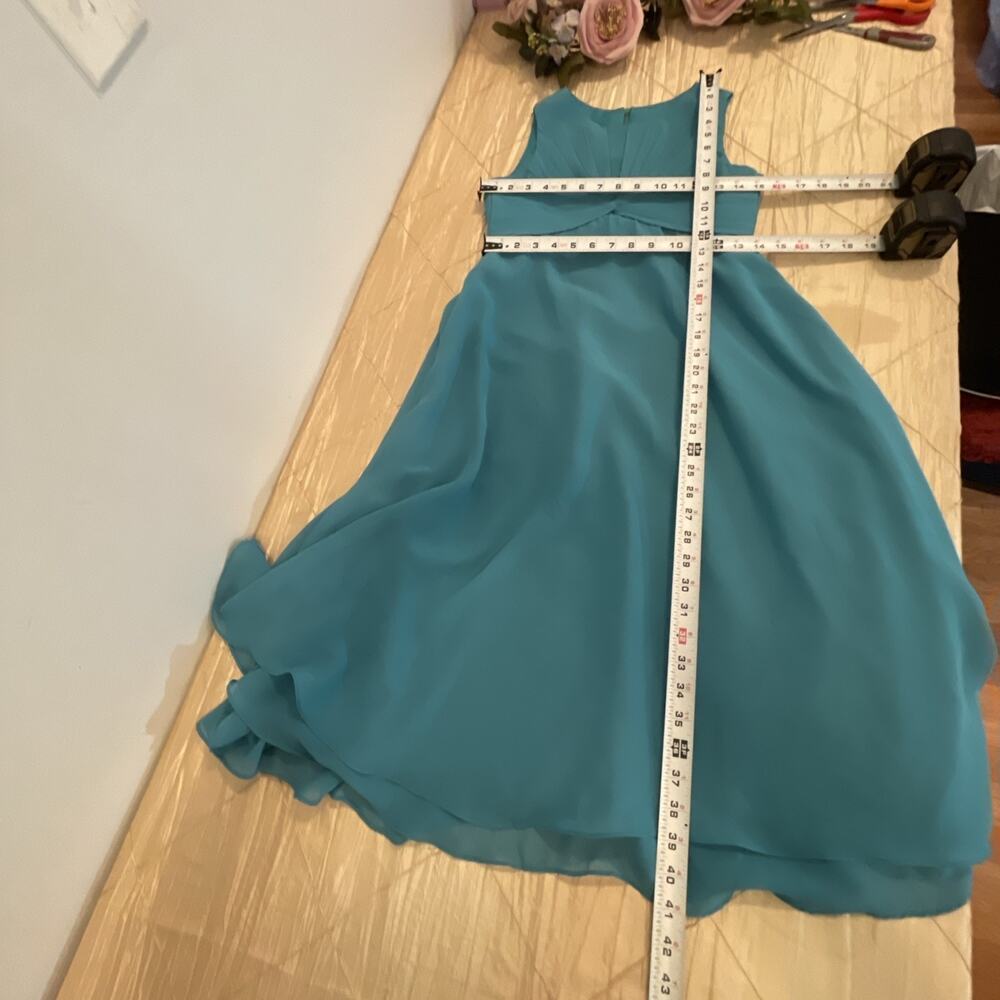 Teal Chiffon Sleeveless Midi Dress Pleated Twist Front Open Back Women’s 12 - Picture 9 of 9